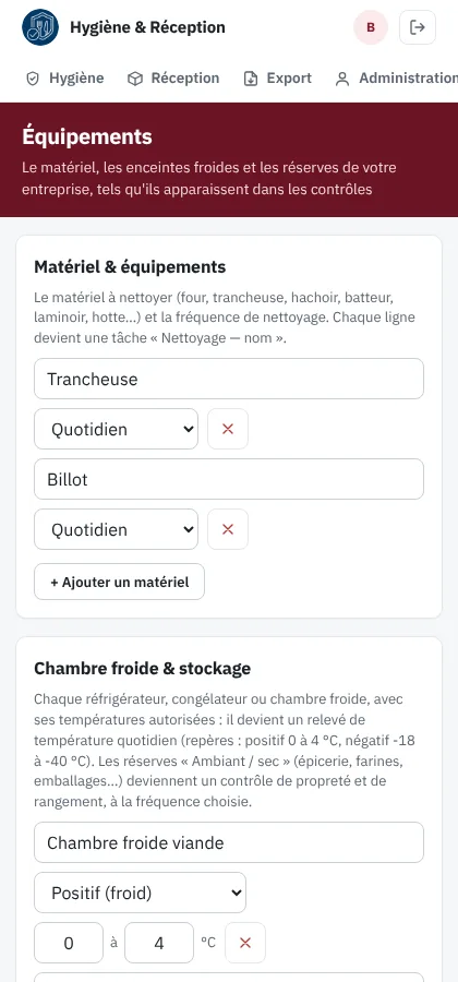 Écran de configuration des équipements : matériel, chambres froides, congélateurs, réserve sèche